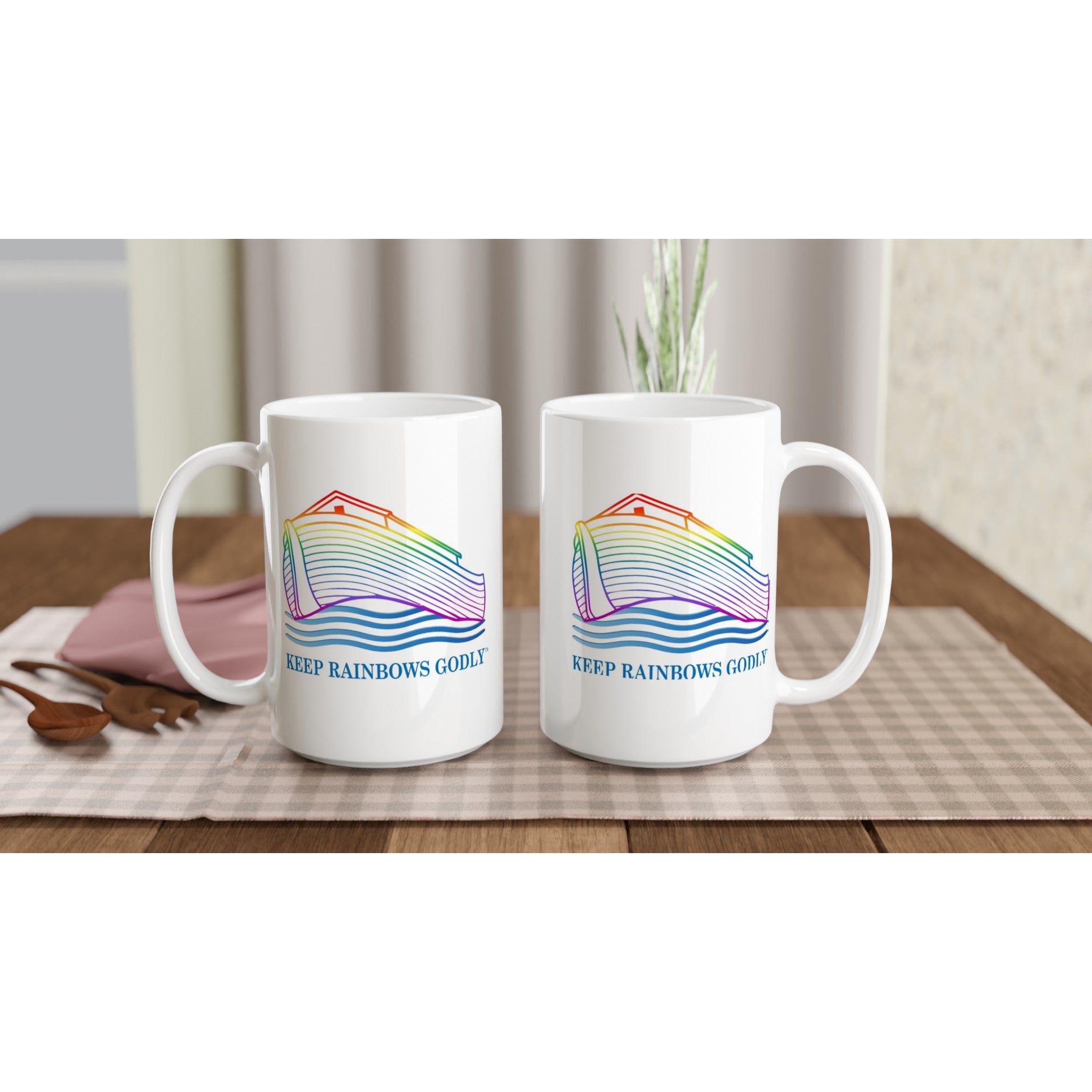 Ark Design 1 - White 15oz Ceramic Mug - KEEP RAINBOWS GODLY