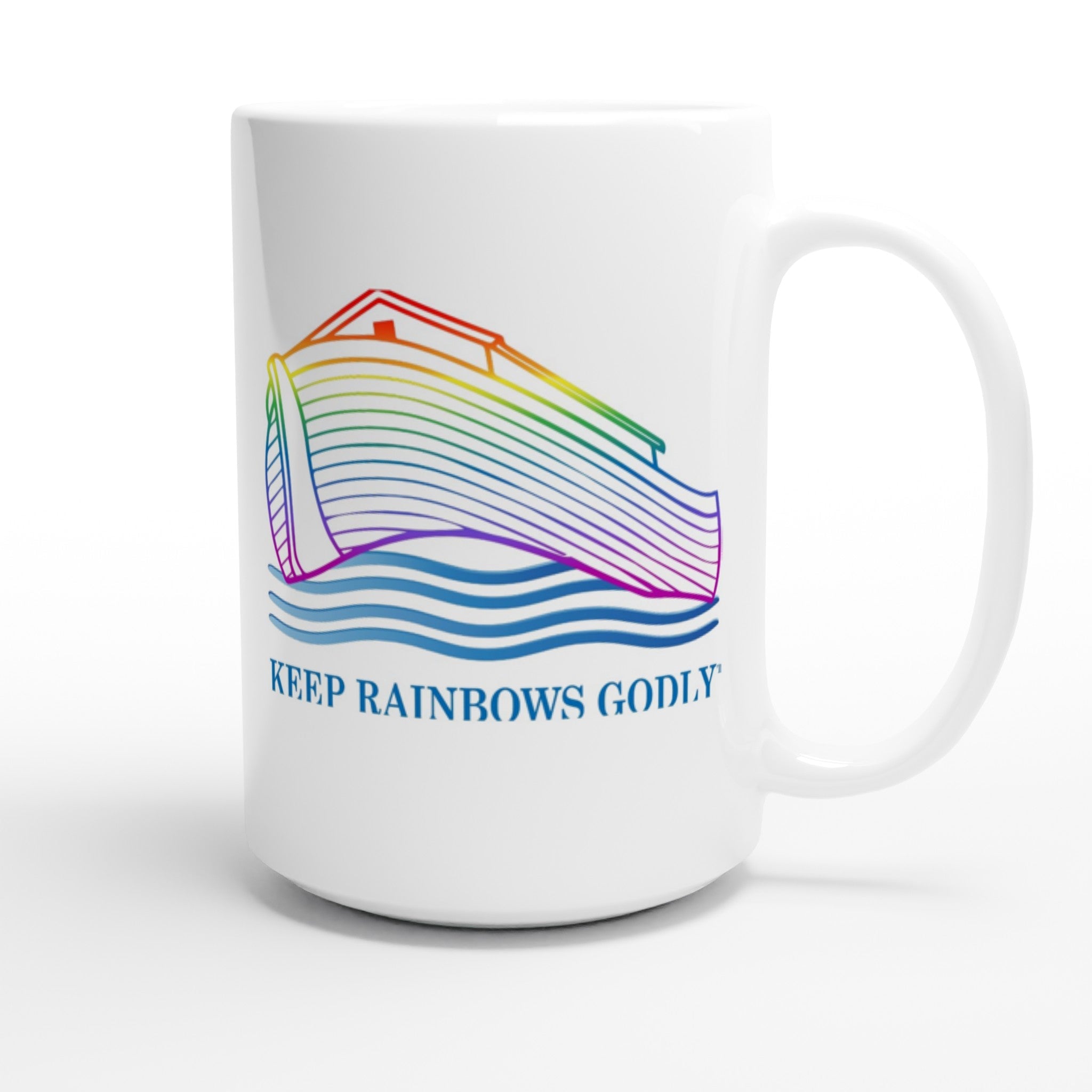 Ark Design 1 - White 15oz Ceramic Mug - KEEP RAINBOWS GODLY