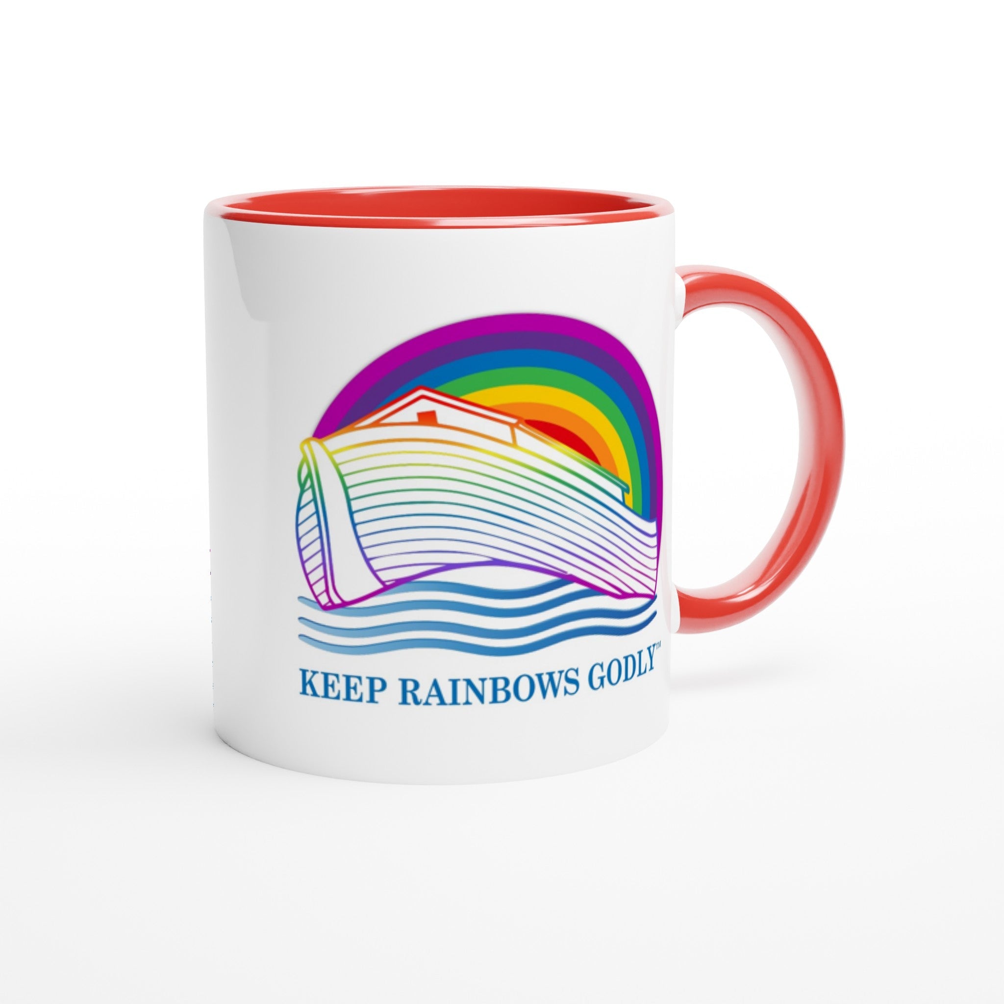 Ark Design 2 - White 11oz Ceramic Mug with Color Inside - KEEP RAINBOWS GODLY