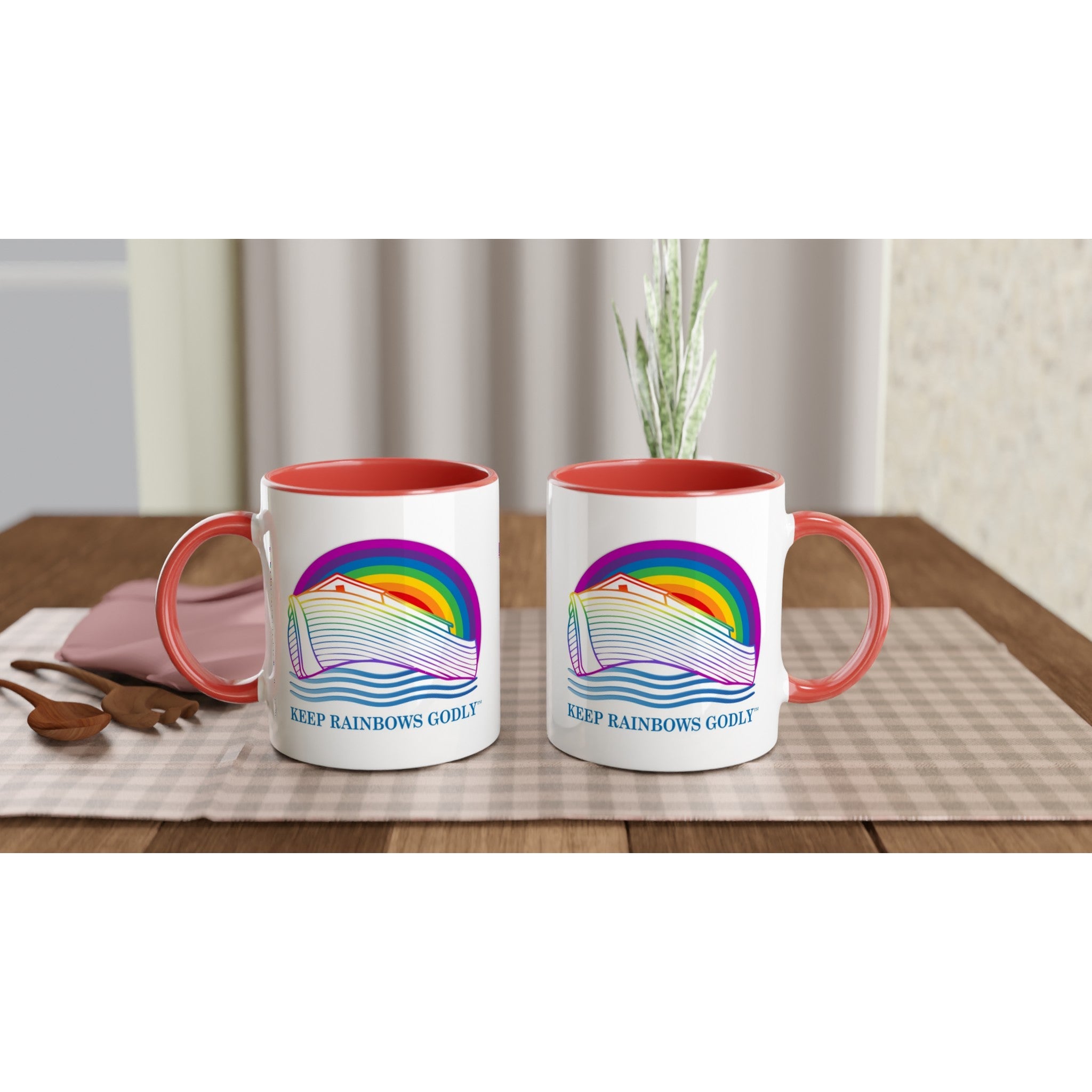 Ark Design 2 - White 11oz Ceramic Mug with Color Inside - KEEP RAINBOWS GODLY