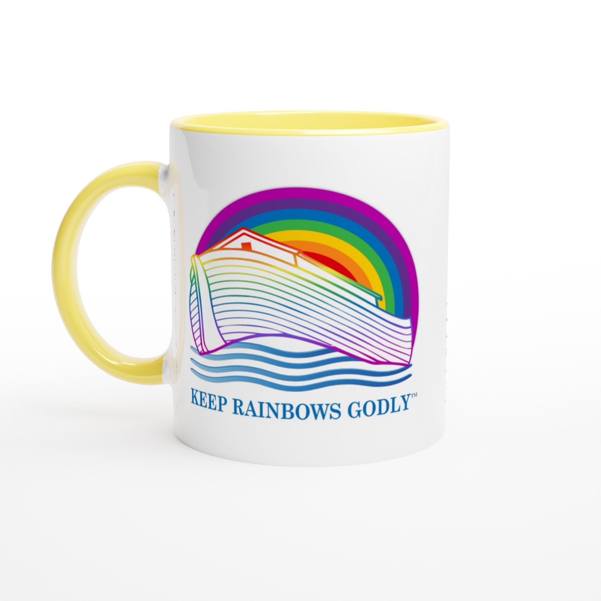 Ark Design 2 - White 11oz Ceramic Mug with Color Inside - KEEP RAINBOWS GODLY