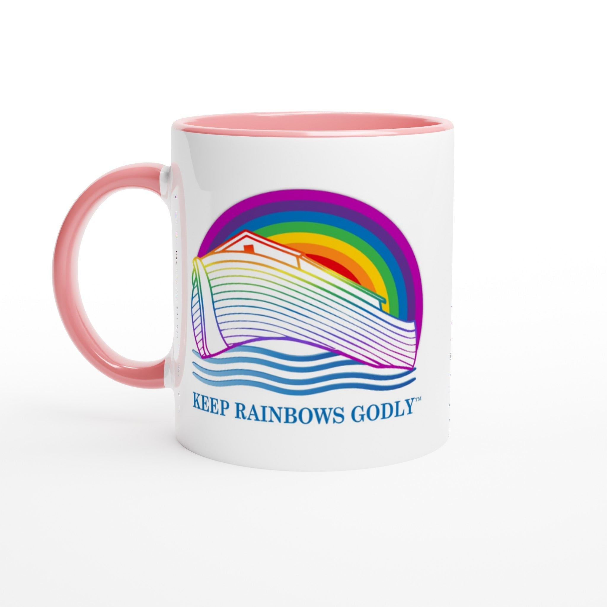 Ark Design 2 - White 11oz Ceramic Mug with Color Inside - KEEP RAINBOWS GODLY