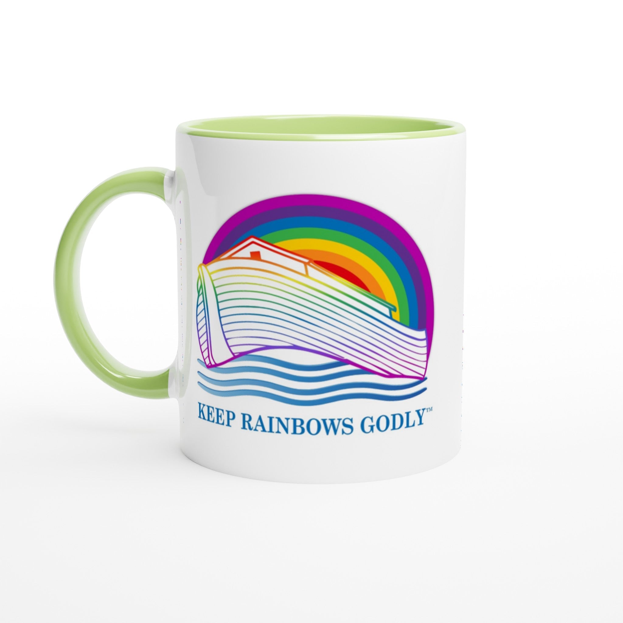 Ark Design 2 - White 11oz Ceramic Mug with Color Inside - KEEP RAINBOWS GODLY