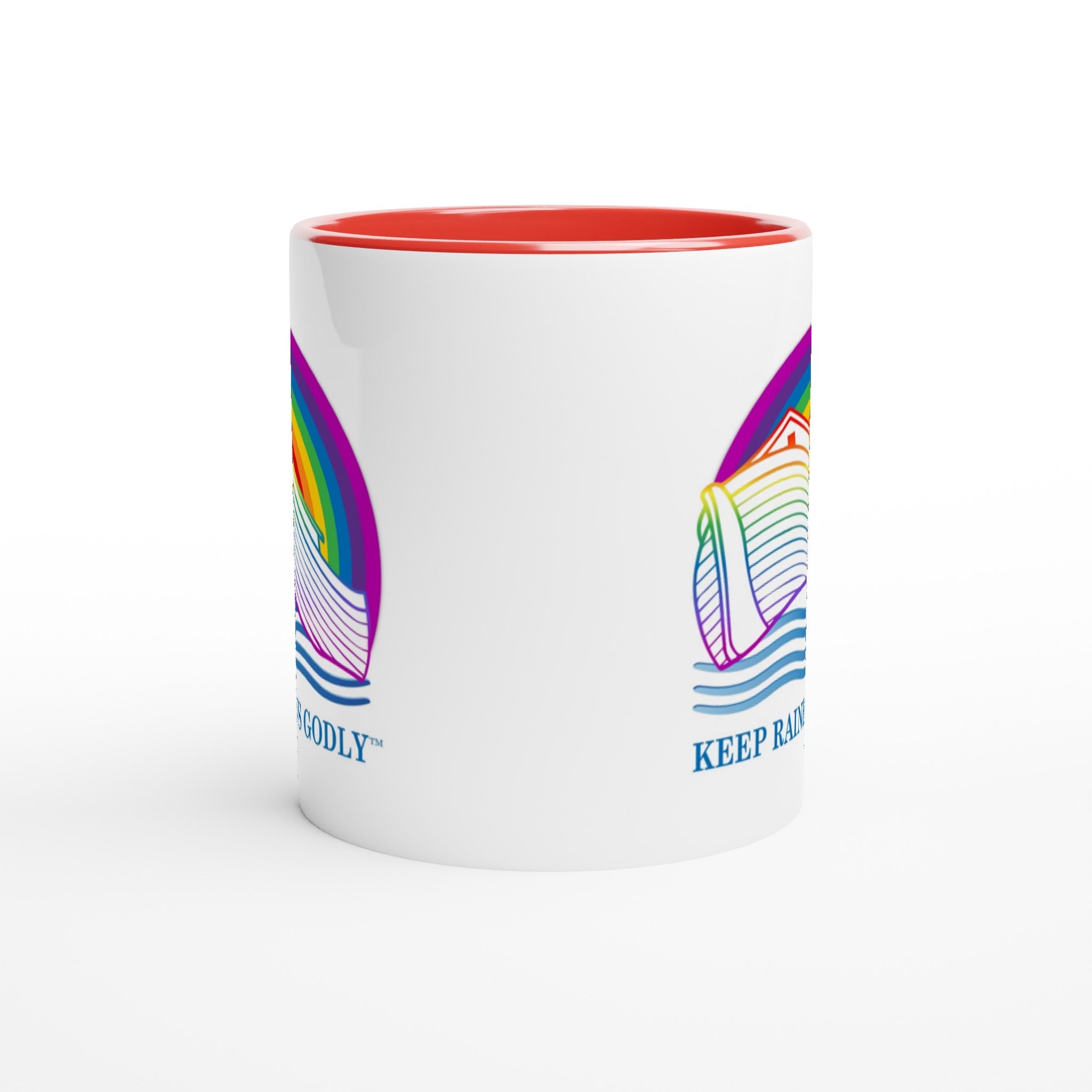 Ark Design 2 - White 11oz Ceramic Mug with Color Inside - KEEP RAINBOWS GODLY