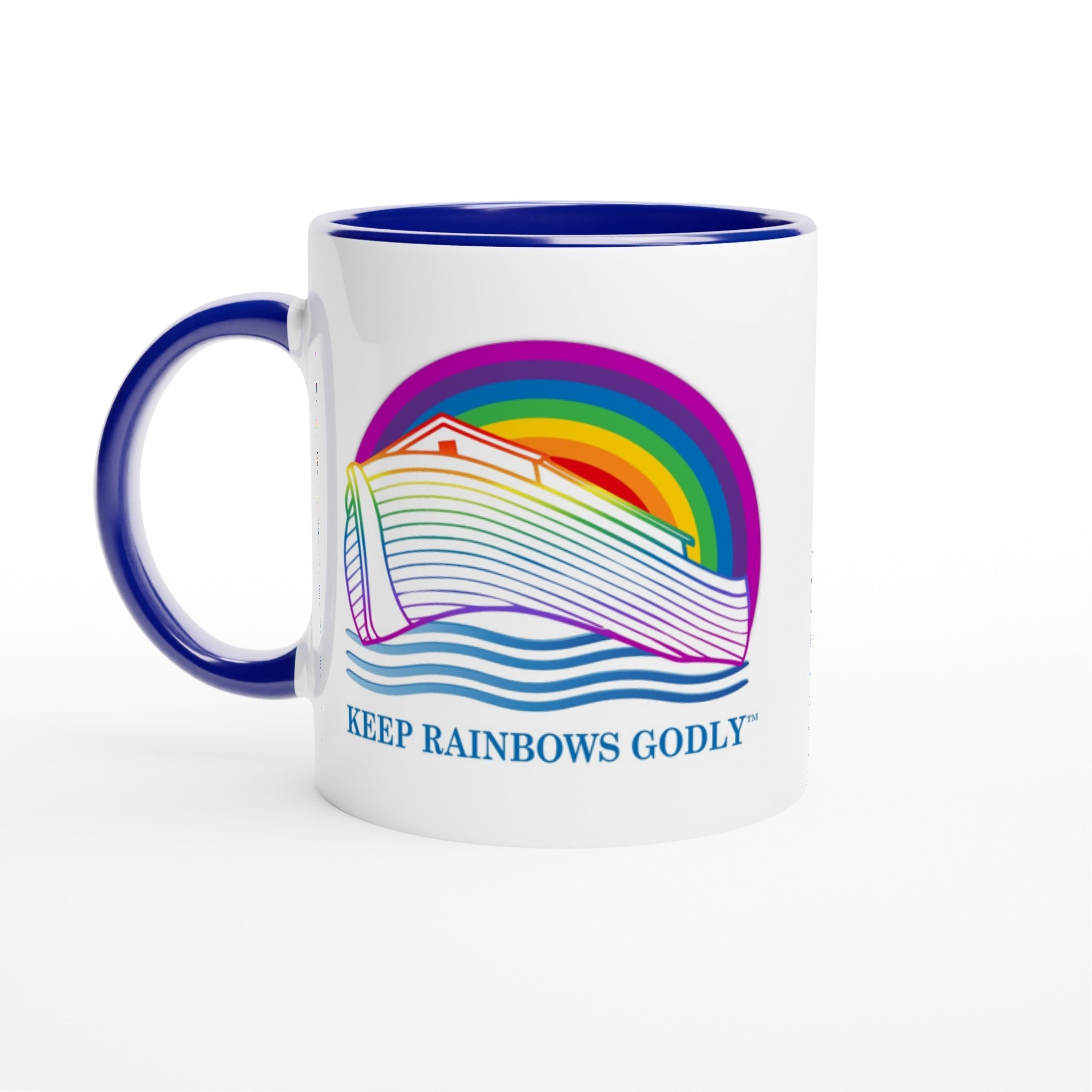 Ark Design 2 - White 11oz Ceramic Mug with Color Inside - KEEP RAINBOWS GODLY