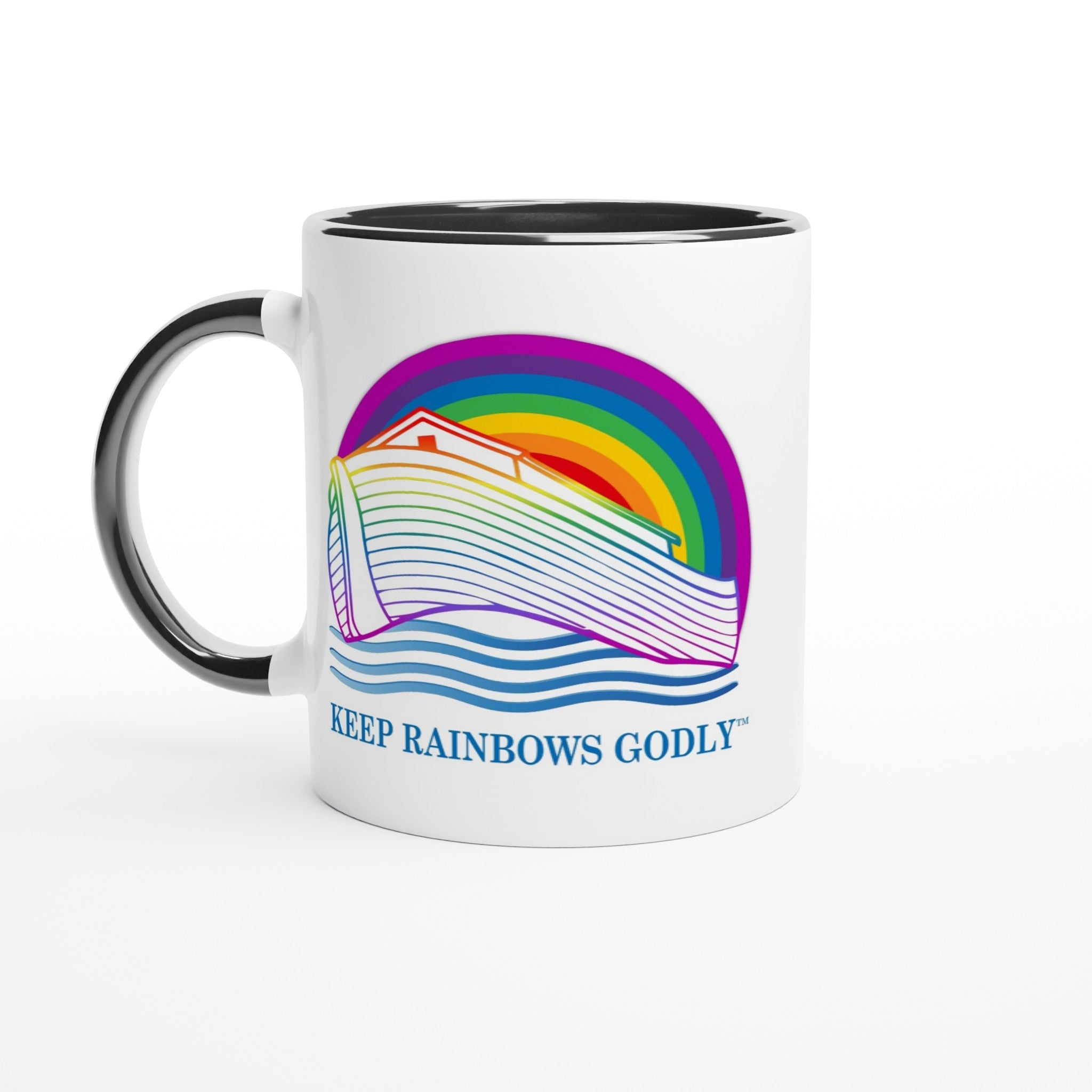 Ark Design 2 - White 11oz Ceramic Mug with Color Inside - KEEP RAINBOWS GODLY