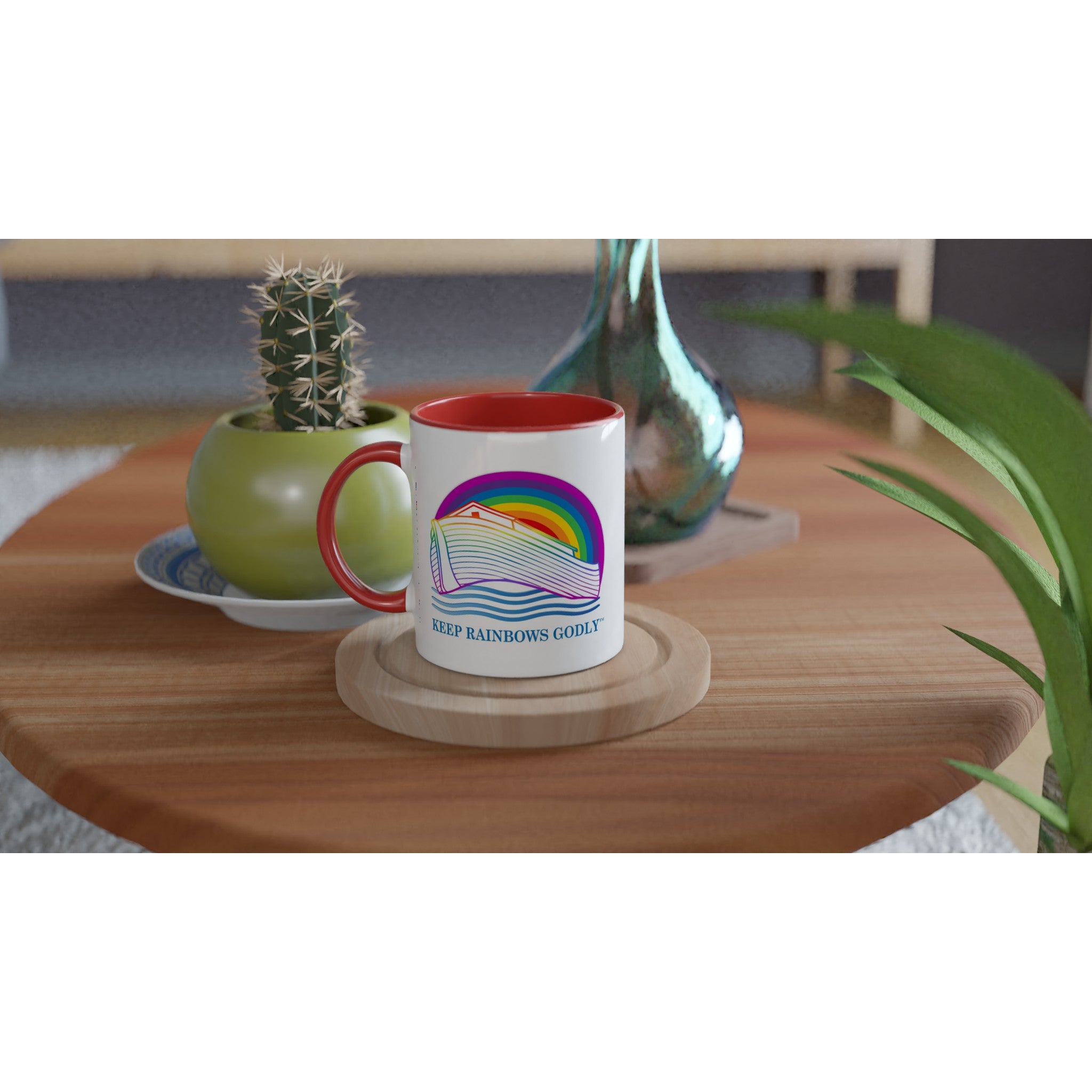 Ark Design 2 - White 11oz Ceramic Mug with Color Inside - KEEP RAINBOWS GODLY
