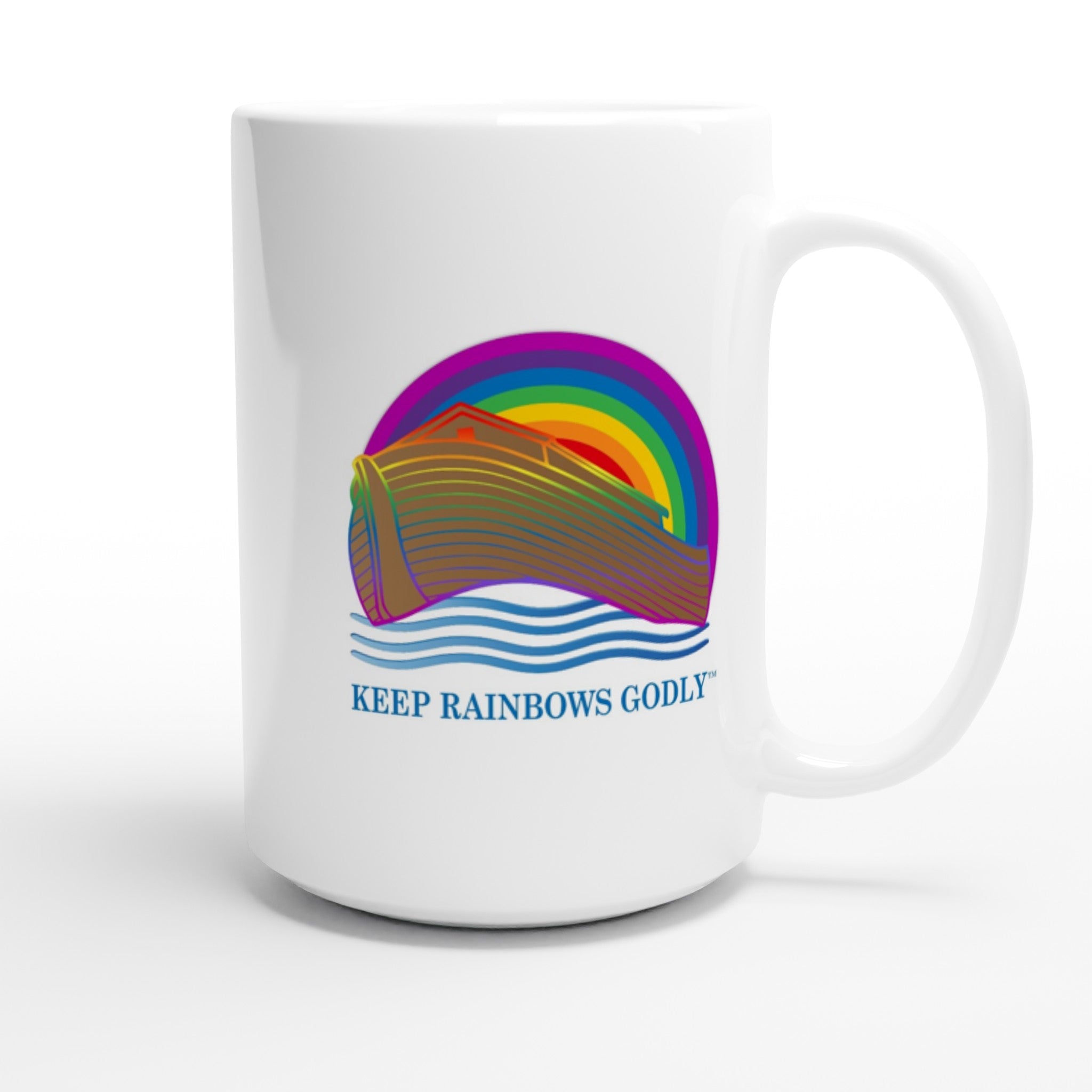 Ark Design 3 - White 15oz Ceramic Mug - KEEP RAINBOWS GODLY