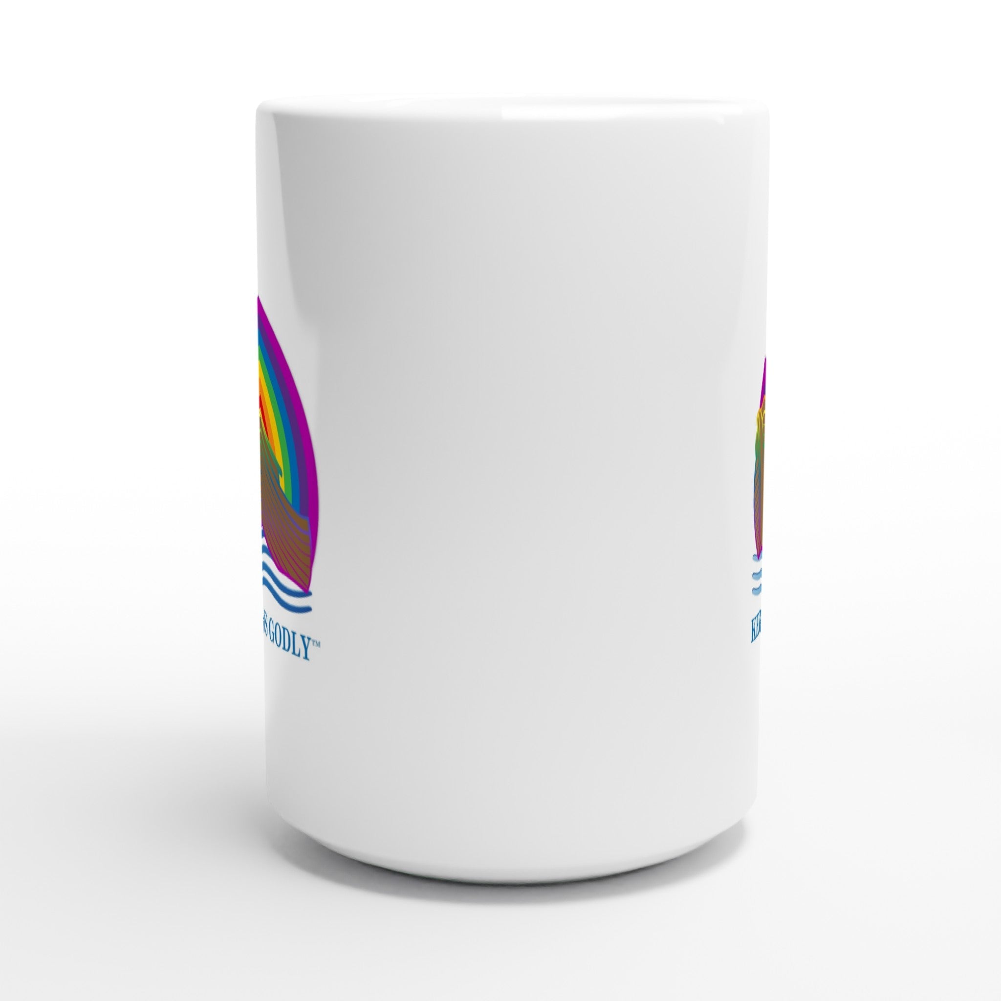 Ark Design 3 - White 15oz Ceramic Mug - KEEP RAINBOWS GODLY