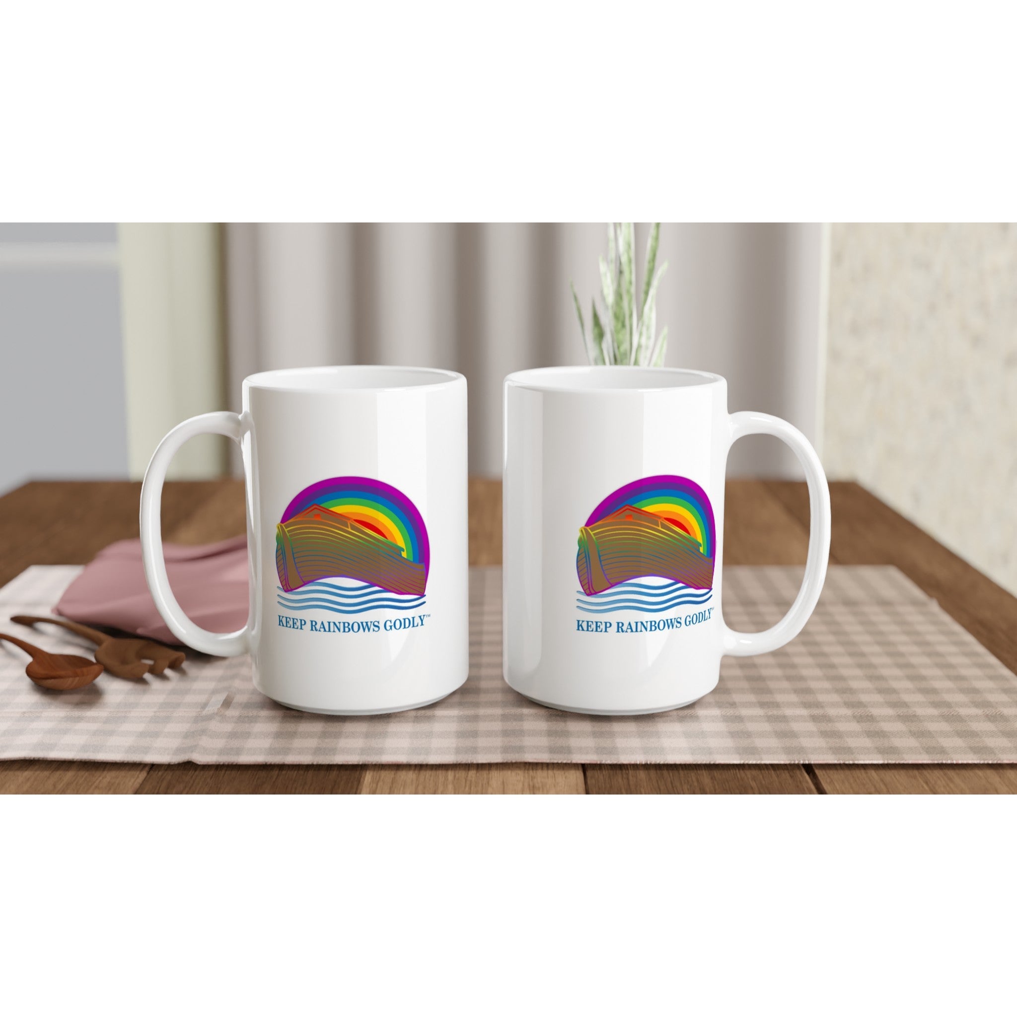 Ark Design 3 - White 15oz Ceramic Mug - KEEP RAINBOWS GODLY